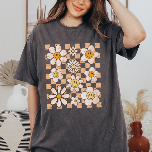 Checkered Happy Flowers (Distressed) - FULL COLOR DTF TRANSFER (Ready to Ship)