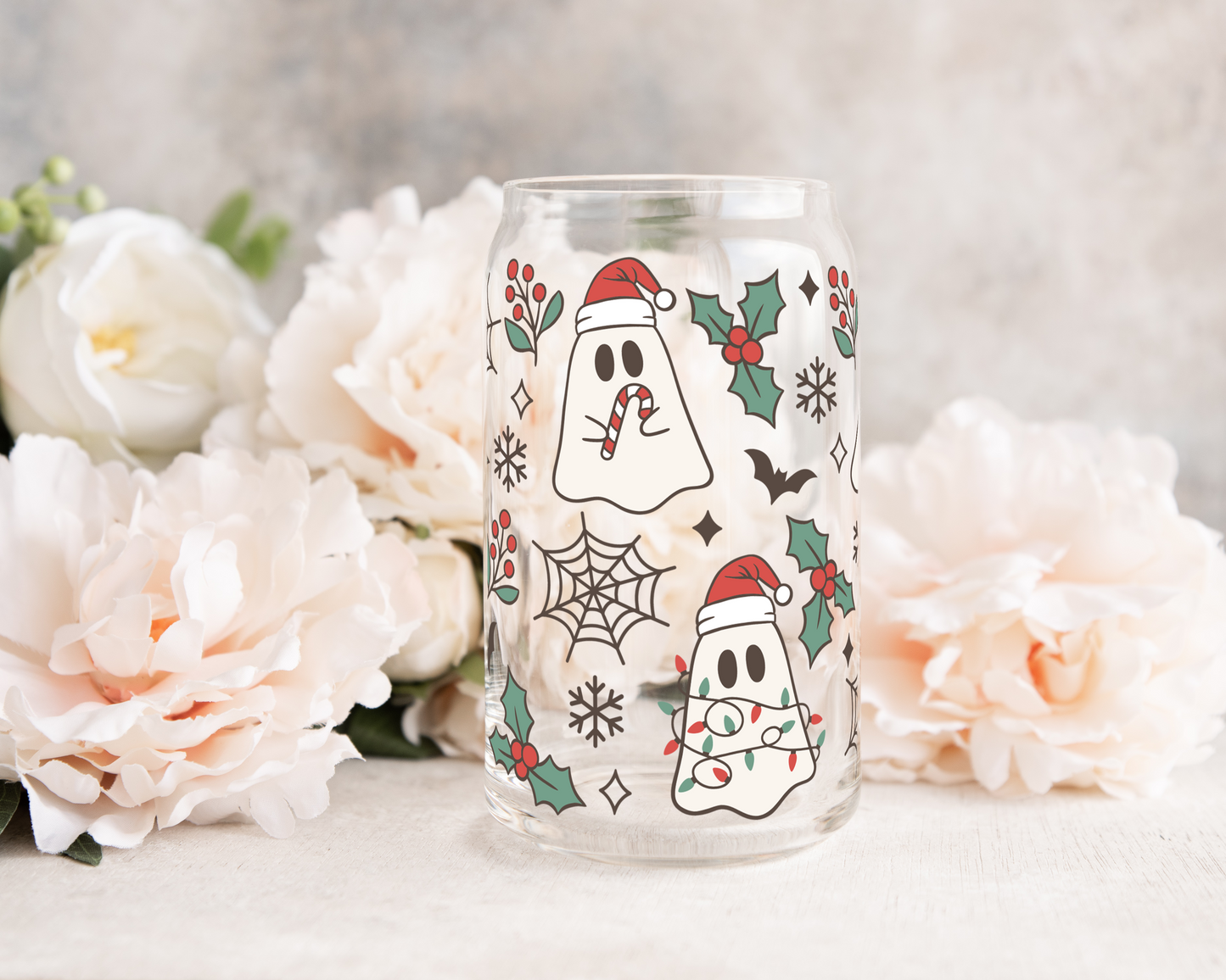 Christmas Cutie Ghost - UV DTF 16 oz Libbey Cup Wrap (Ready to Ship)