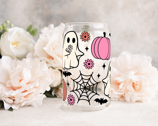 Flower Giving Ghost - UV DTF 16 oz Libbey Cup Wrap (Ready to Ship)