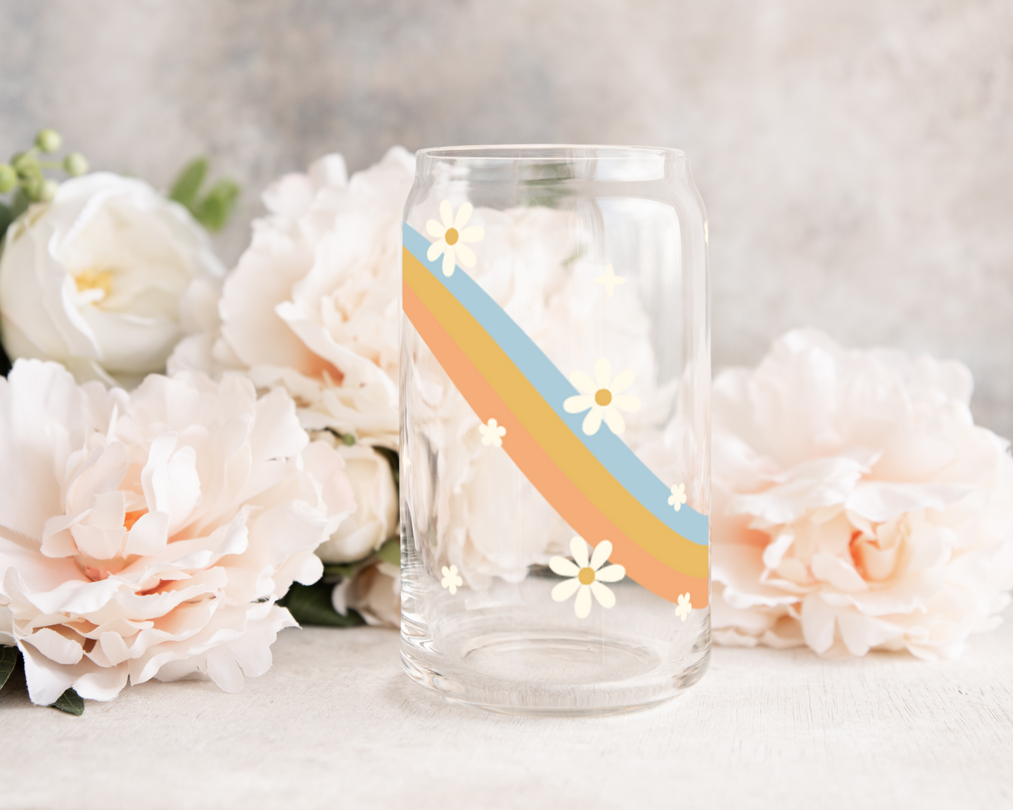 Groovy Flower Rainbow - UV DTF 16 oz Libbey Cup Wrap (Ready to Ship)