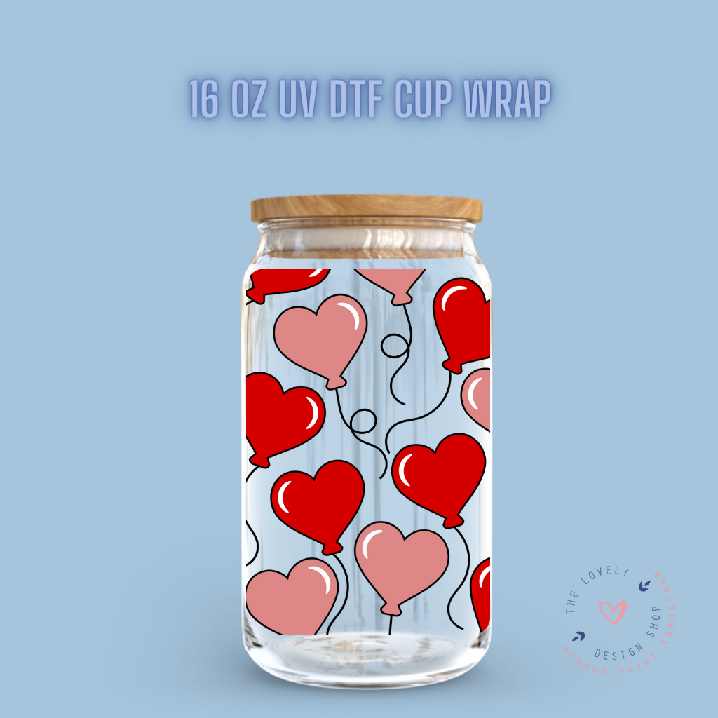 Heart Balloons - UV DTF 16 oz Libbey Cup Wrap (Ready to Ship)