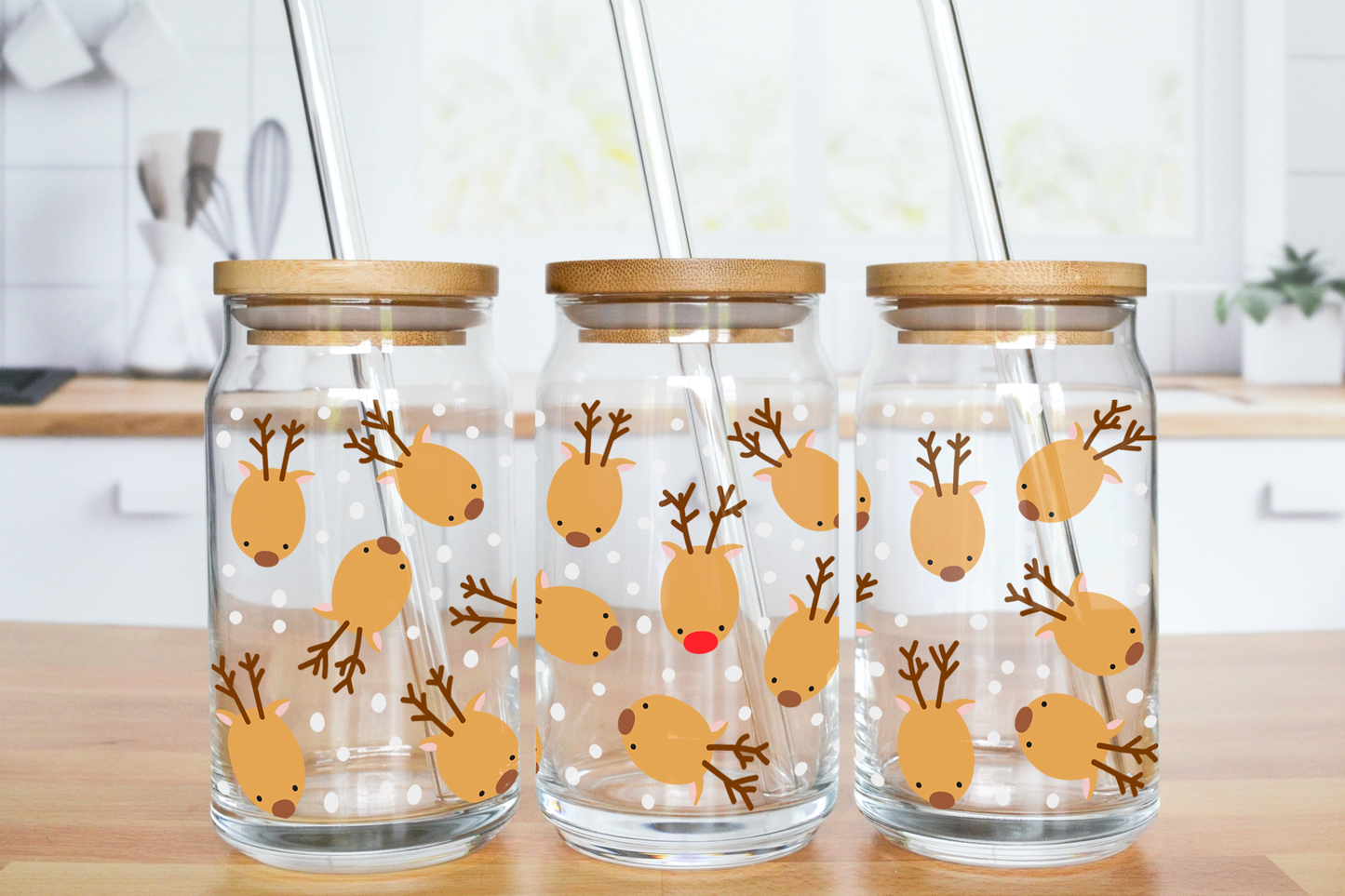 Mini Reindeers - UV DTF 16 oz Libbey Cup Wrap (Ready to Ship)