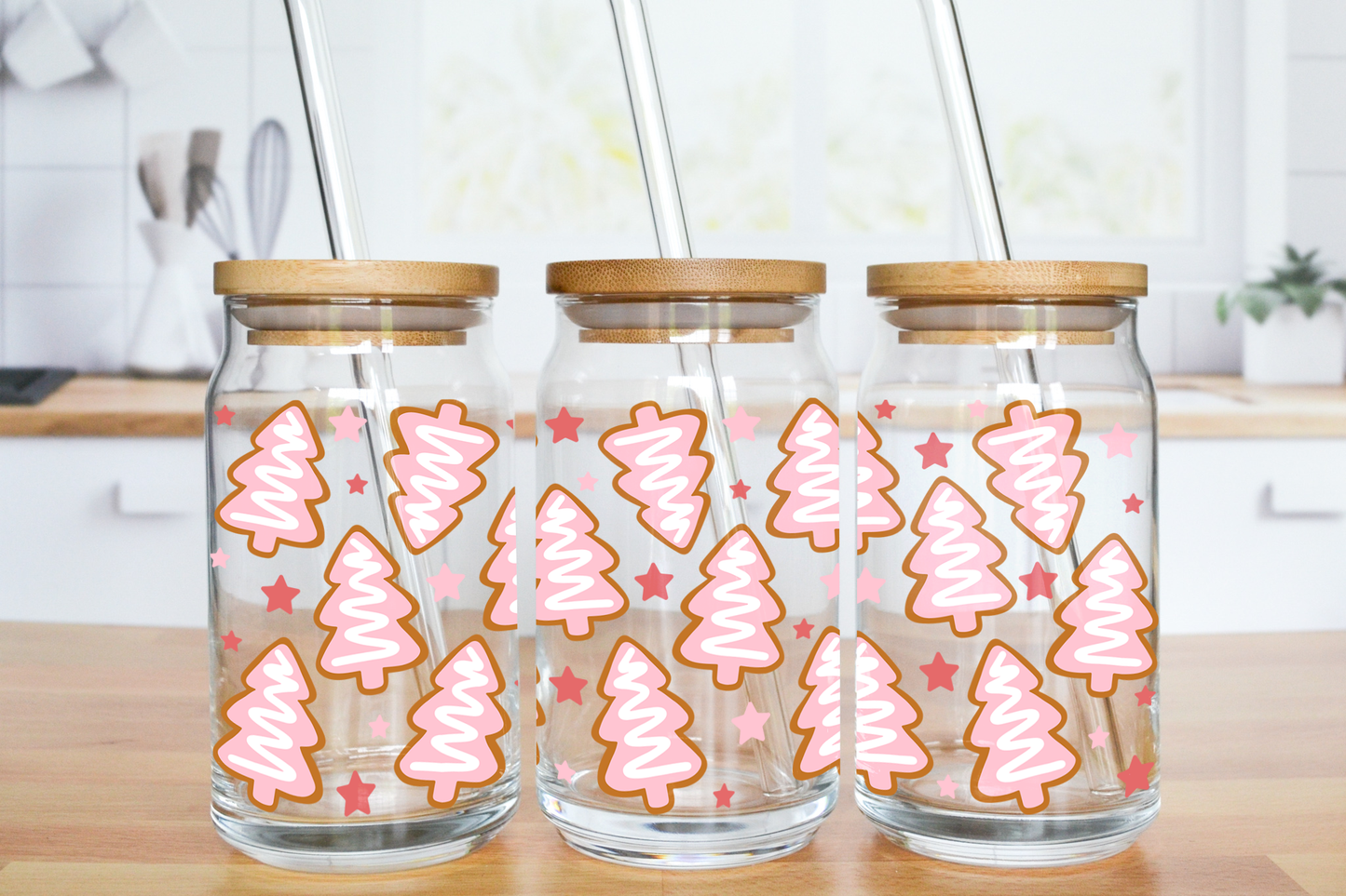 Pink Christmas Tree Cookies - UV DTF 16 oz Libbey Cup Wrap (Ready to Ship)