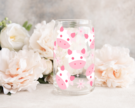 Pink Daisy Cows - UV DTF 16 oz Libbey Cup Wrap (Ready to Ship)