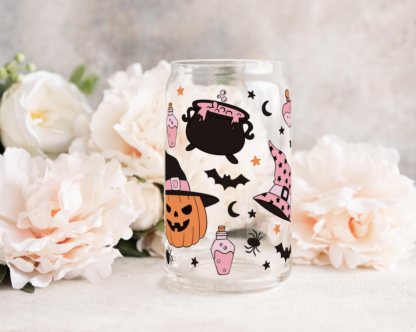 Pink Witch Halloween Theme - UV DTF 16 oz Libbey Cup Wrap (Ready to Ship)